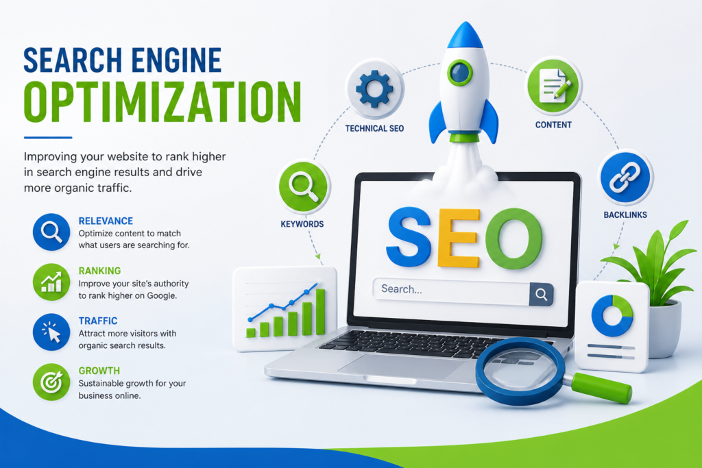 Search Engine Optimization illustration showing a laptop with SEO search bar, rocket growth symbol, keywords, backlinks, technical SEO, and content icons in blue and green theme.