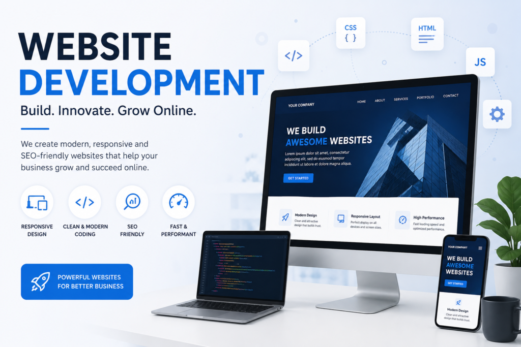 “Website development services concept showing a developer working on website design, coding interface, and responsive website structure on laptop screen”